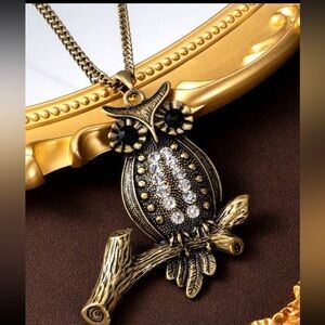 Boho Rhinestone Owl & Branch Antique Gold-tone Pendant Sweater Chain Necklace
